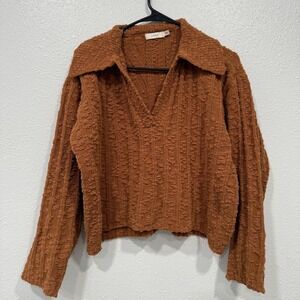 LUSH Maple Coffee Textured Collared V Neck Long Sleeve‎ Cropped Sweater Top S